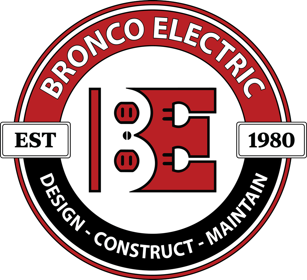 Bronco Electric circular logo with stylized BE plug emblem, EST 1980, and Design-Construct-Maintain slogan