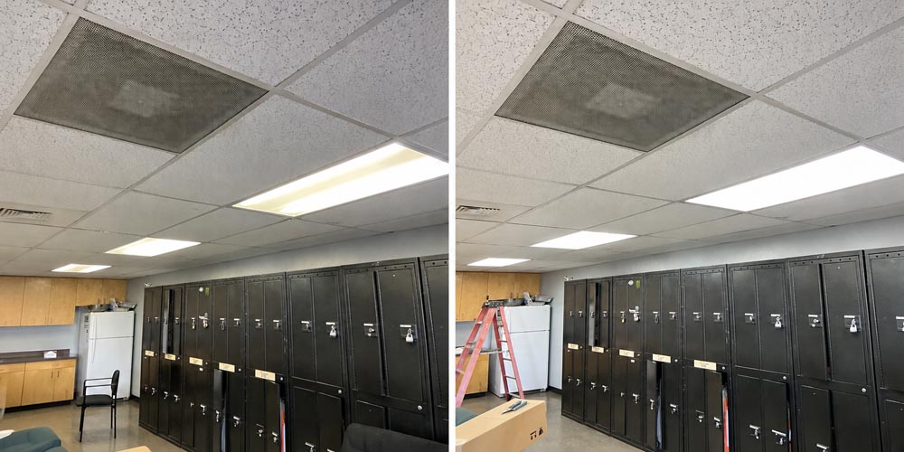 Side-by-side images of a break room with black lockers, drop ceiling vents, fluorescent lights, cabinets and ladder.
