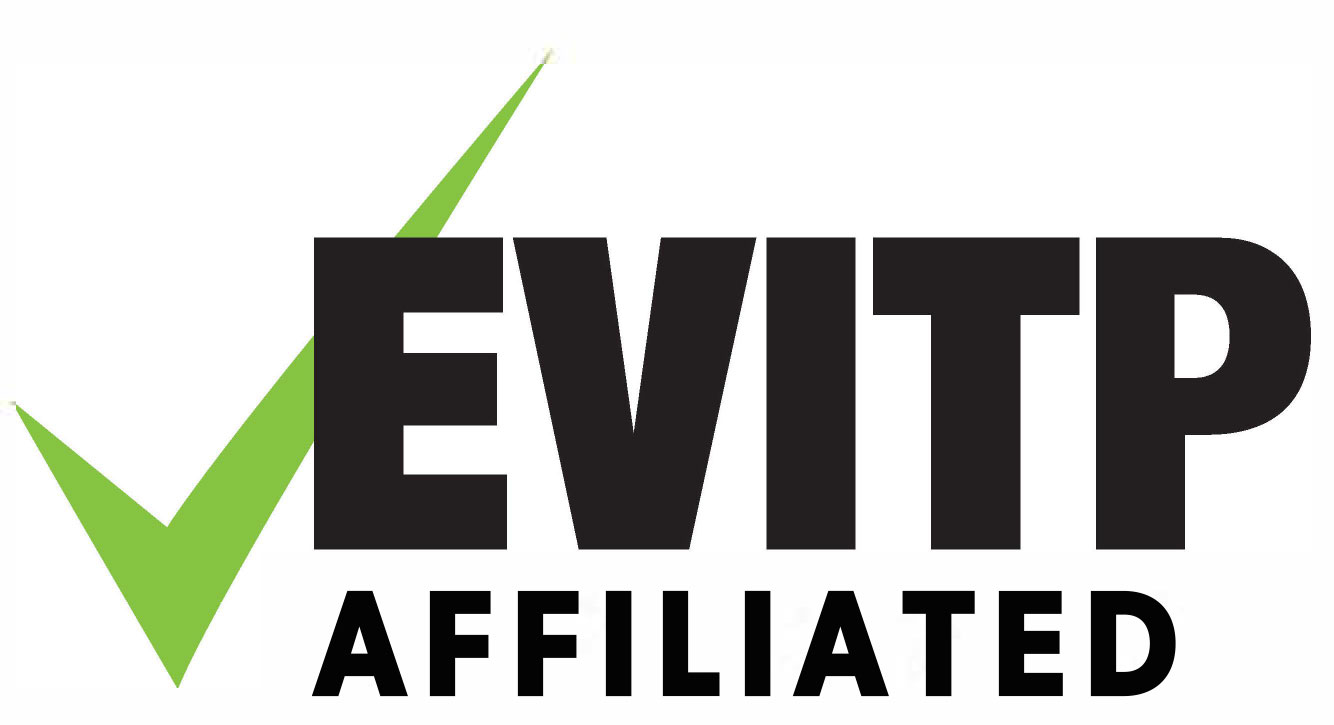 EVITP Affiliated logo with bold black uppercase text and a large green check mark
