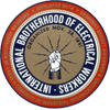 International Brotherhood of Electrical Workers round emblem showing circular text, gear and lightning-bolt symbol