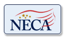 NECA logo on white rounded rectangle featuring a red swoosh and gold stars