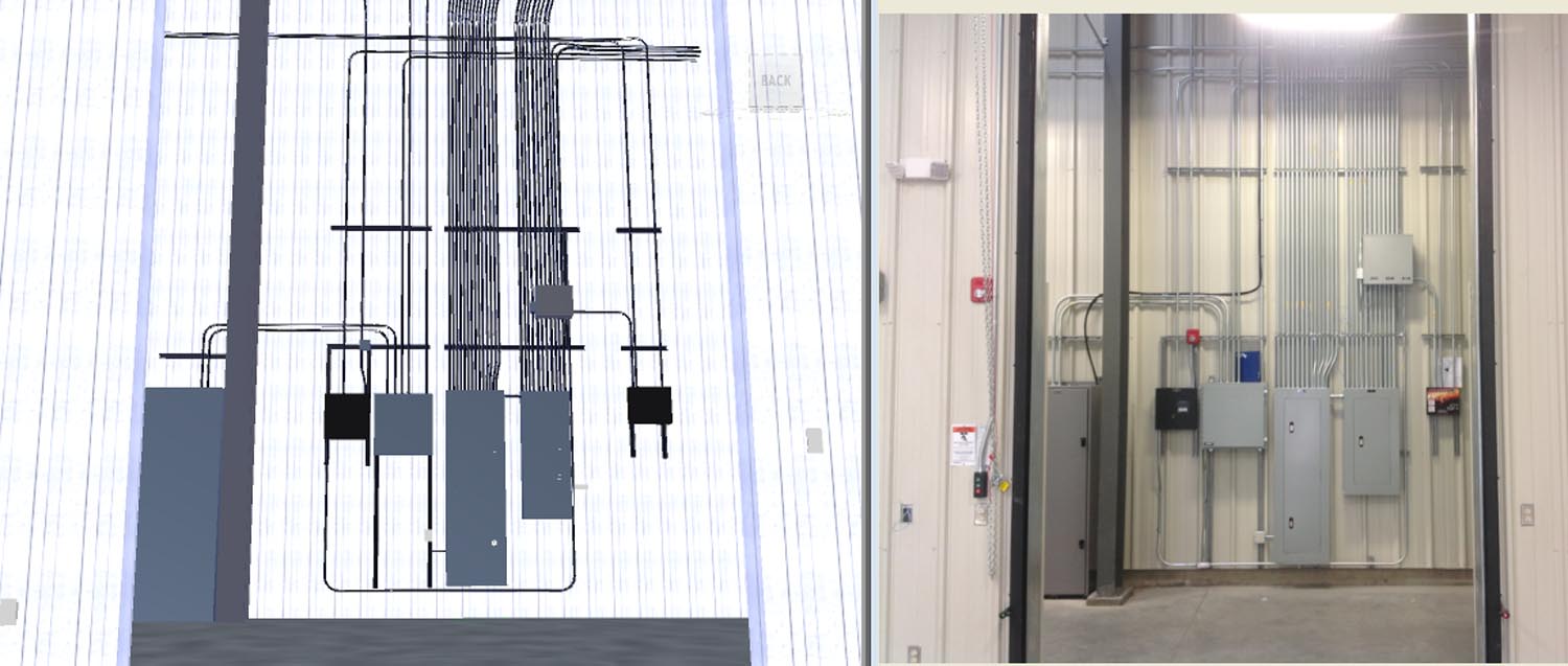 Split-screen: schematic and photo of industrial electrical panels and conduit mounted on a corrugated metal wall.